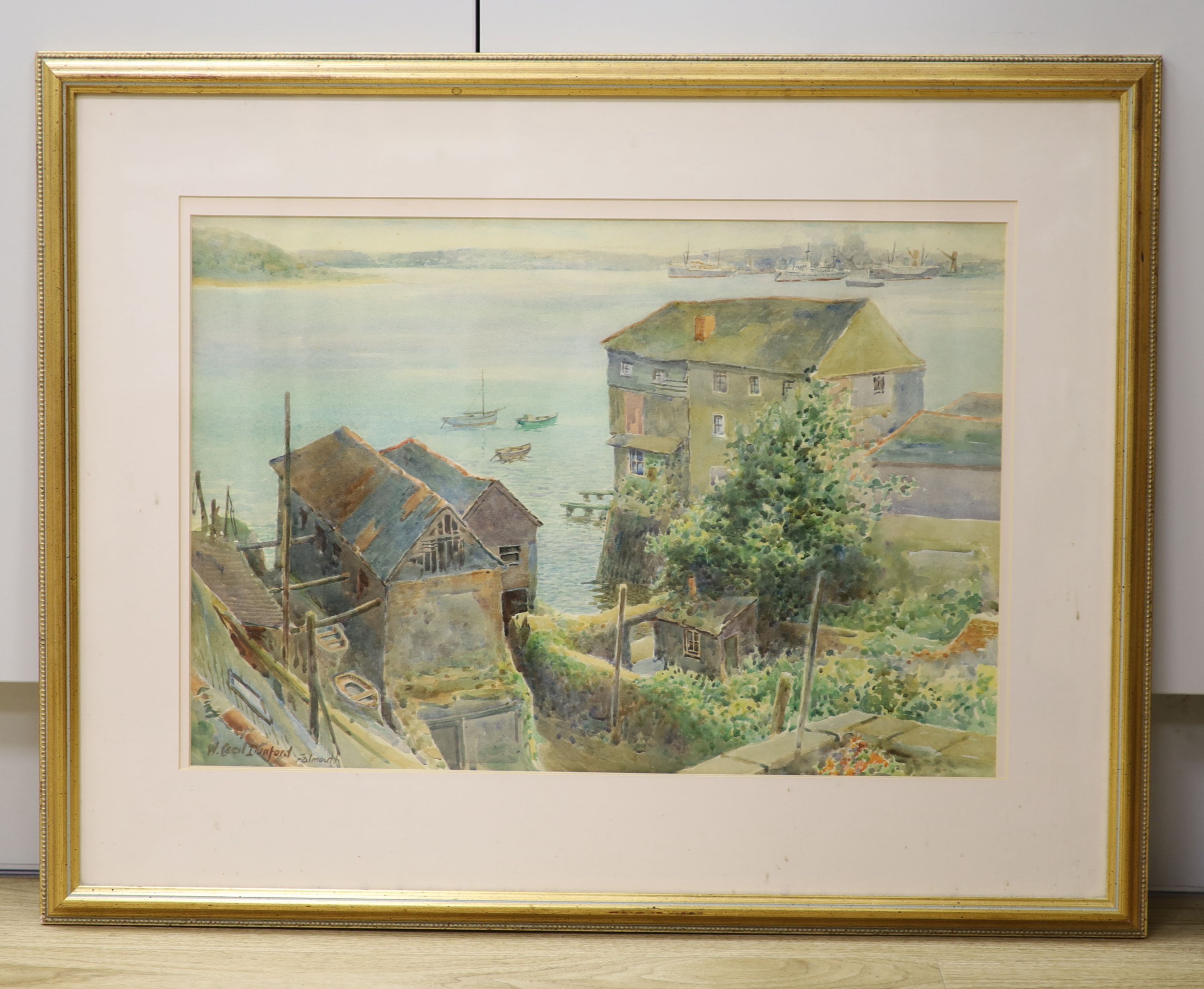 W. Cecil Dunford (1885-1969), watercolour, Boat Building Sheds, Falmouth, signed, 35 x 52cm.